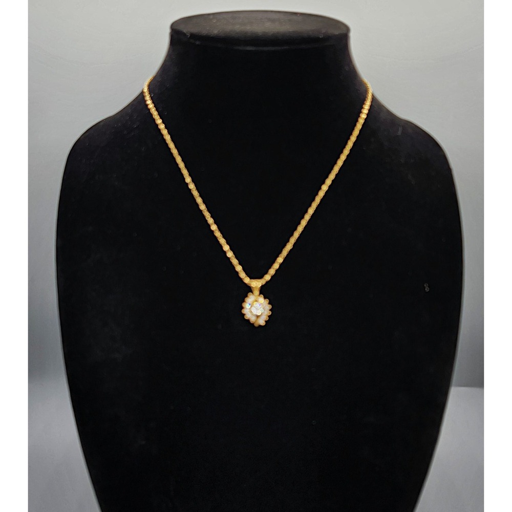 Gold Tone Rhinestone Floral Swirl Pendant Necklace 18" Clear CZ Sparkle